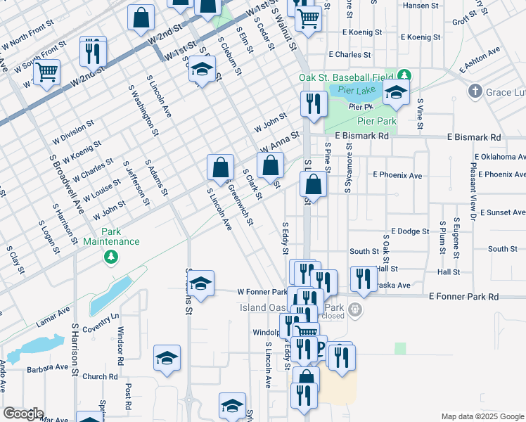 map of restaurants, bars, coffee shops, grocery stores, and more near 923 South Greenwich Street in Grand Island