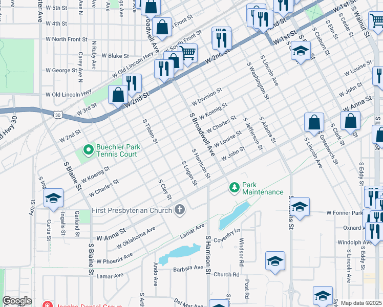 map of restaurants, bars, coffee shops, grocery stores, and more near 1805 West Louise Street in Grand Island