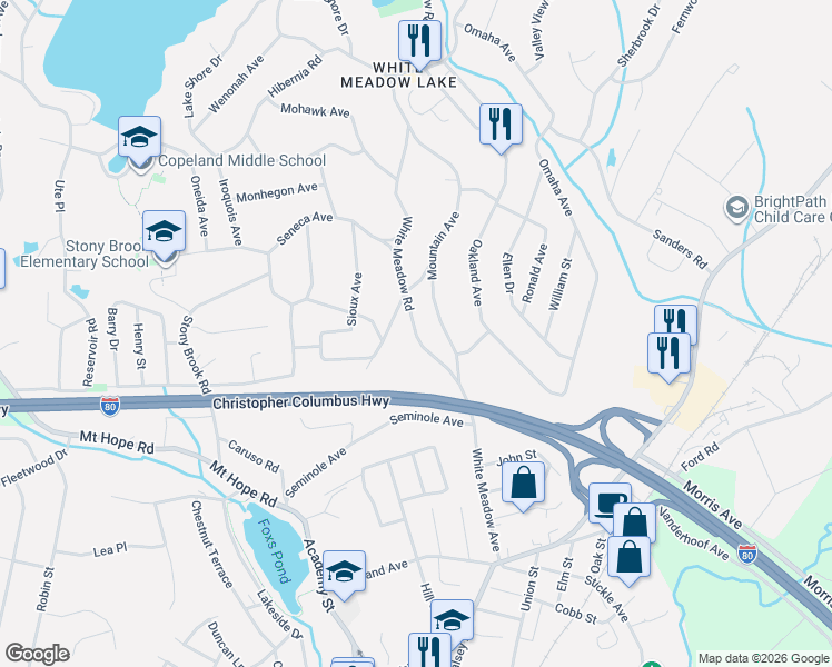 map of restaurants, bars, coffee shops, grocery stores, and more near 23 Navajo Way in Rockaway