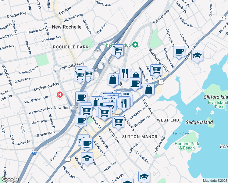 map of restaurants, bars, coffee shops, grocery stores, and more near 174 Huguenot Street in New Rochelle