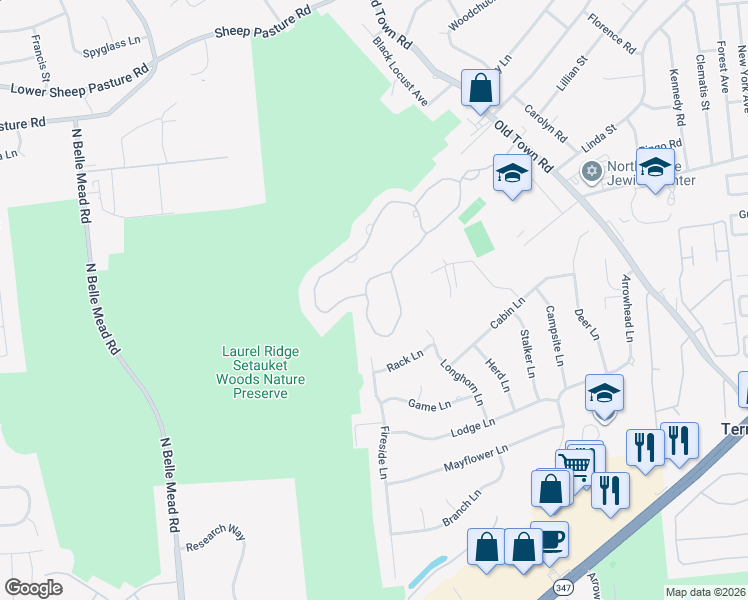 map of restaurants, bars, coffee shops, grocery stores, and more near 132 Erin Lane in Setauket- East Setauket