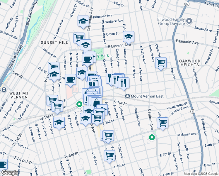 map of restaurants, bars, coffee shops, grocery stores, and more near 66 East Prospect Avenue in Mount Vernon