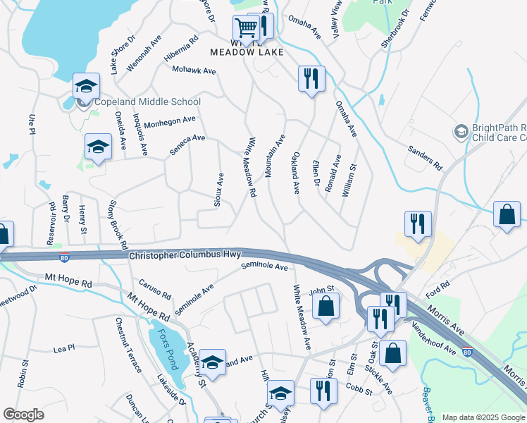 map of restaurants, bars, coffee shops, grocery stores, and more near 5 White Meadow Road in Rockaway