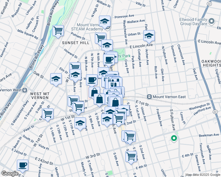 map of restaurants, bars, coffee shops, grocery stores, and more near in Mount Vernon