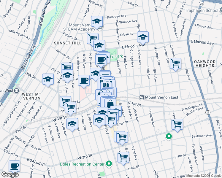 map of restaurants, bars, coffee shops, grocery stores, and more near 6 North 3rd Avenue in Mount Vernon