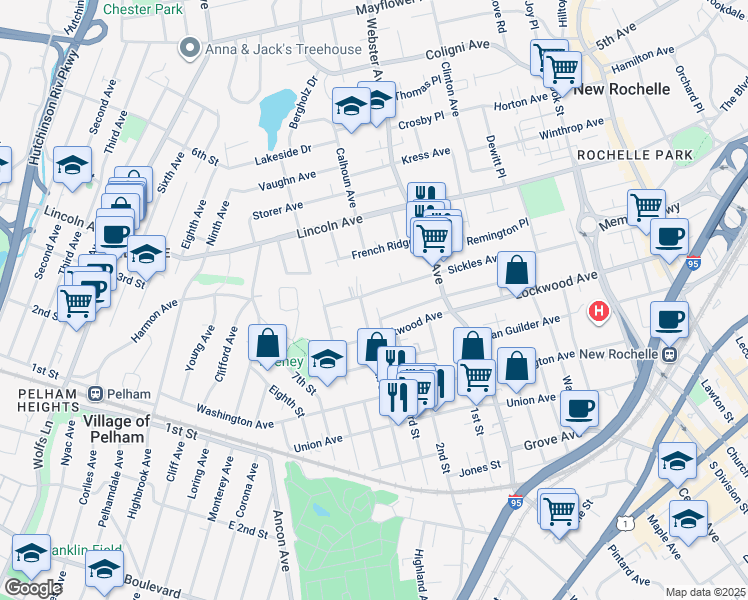 map of restaurants, bars, coffee shops, grocery stores, and more near 138 Colonial Place in New Rochelle