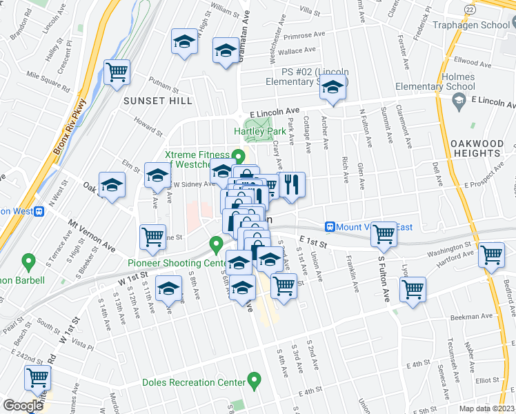 map of restaurants, bars, coffee shops, grocery stores, and more near 6 North 3rd Avenue in Mount Vernon