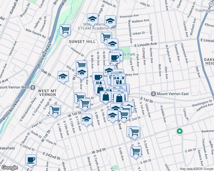 map of restaurants, bars, coffee shops, grocery stores, and more near 1 Roosevelt Square North in Mount Vernon
