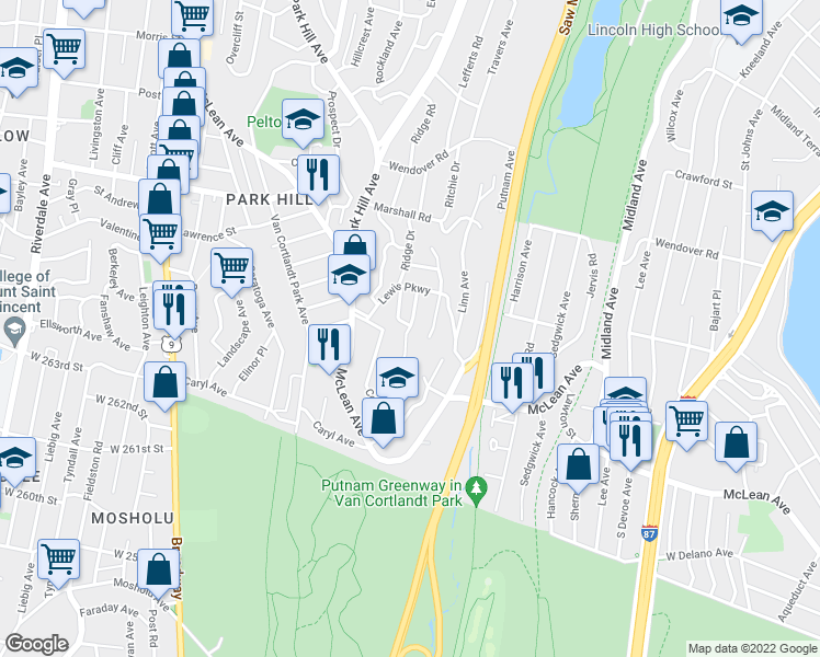 map of restaurants, bars, coffee shops, grocery stores, and more near 9 Levine Place in Yonkers