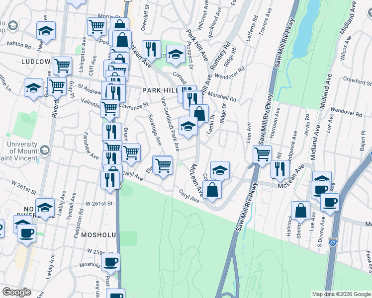 map of restaurants, bars, coffee shops, grocery stores, and more near 233 McLean Avenue in Yonkers