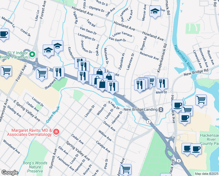 map of restaurants, bars, coffee shops, grocery stores, and more near 332 New Jersey 4 in Hackensack