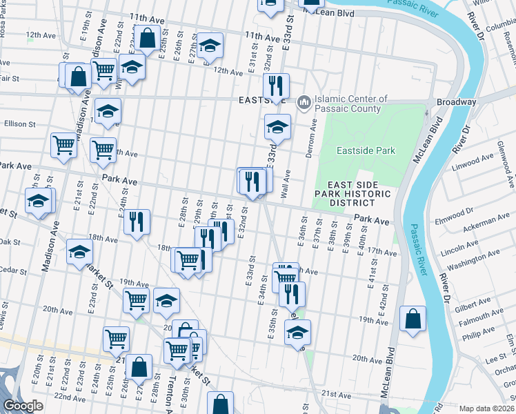 map of restaurants, bars, coffee shops, grocery stores, and more near 340 East 33rd Street in Paterson