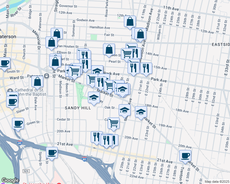map of restaurants, bars, coffee shops, grocery stores, and more near 74 Pennington Street in Paterson