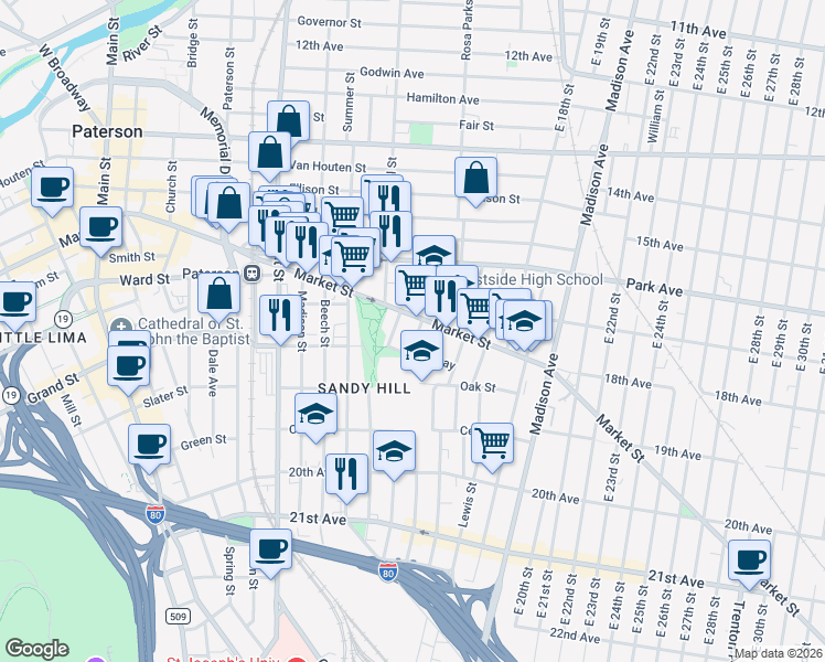 map of restaurants, bars, coffee shops, grocery stores, and more near 30 Seeley Street in Paterson