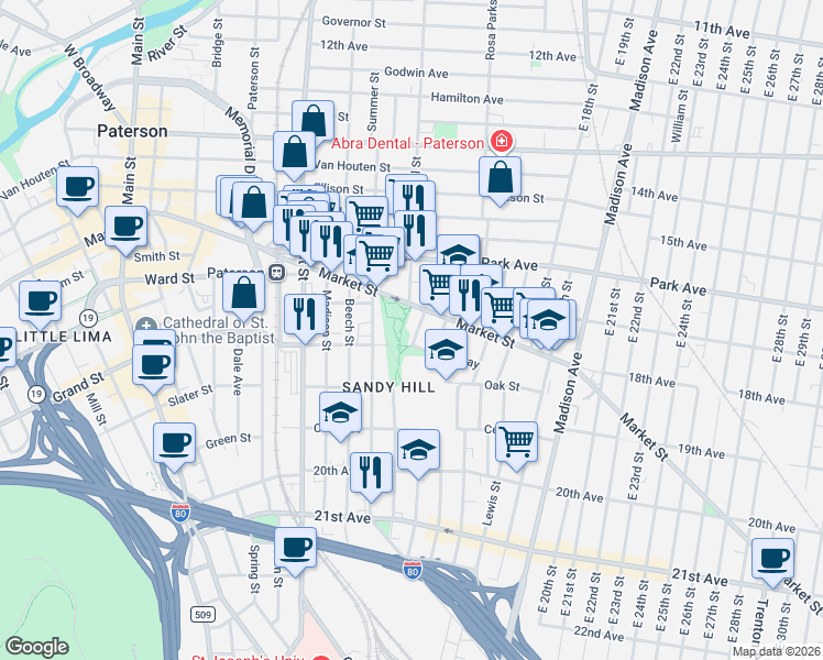 map of restaurants, bars, coffee shops, grocery stores, and more near 30 Seeley Street in Paterson