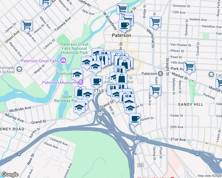 map of restaurants, bars, coffee shops, grocery stores, and more near 107 Mill Street in Paterson