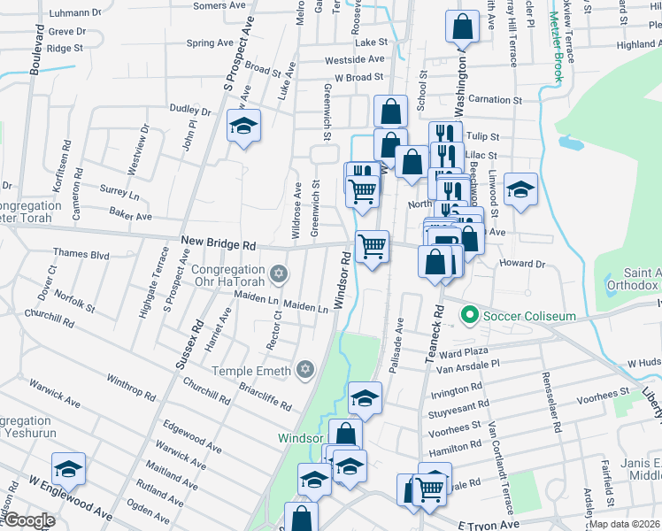 map of restaurants, bars, coffee shops, grocery stores, and more near 510 Windsor Road in Bergenfield
