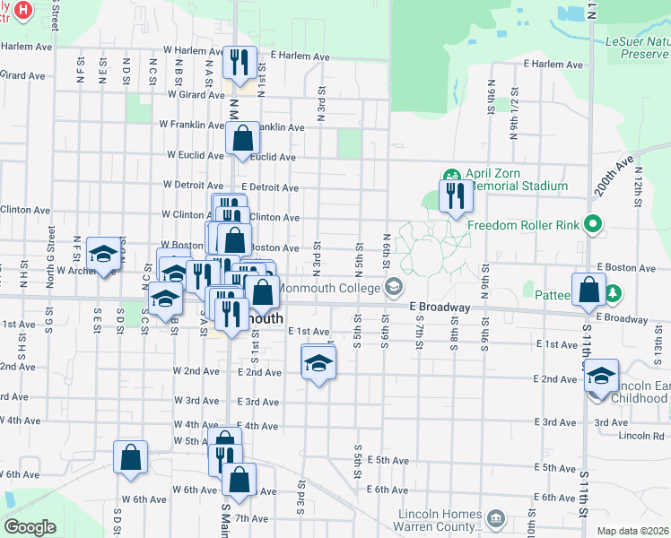 map of restaurants, bars, coffee shops, grocery stores, and more near 505 East Archer Avenue in Monmouth