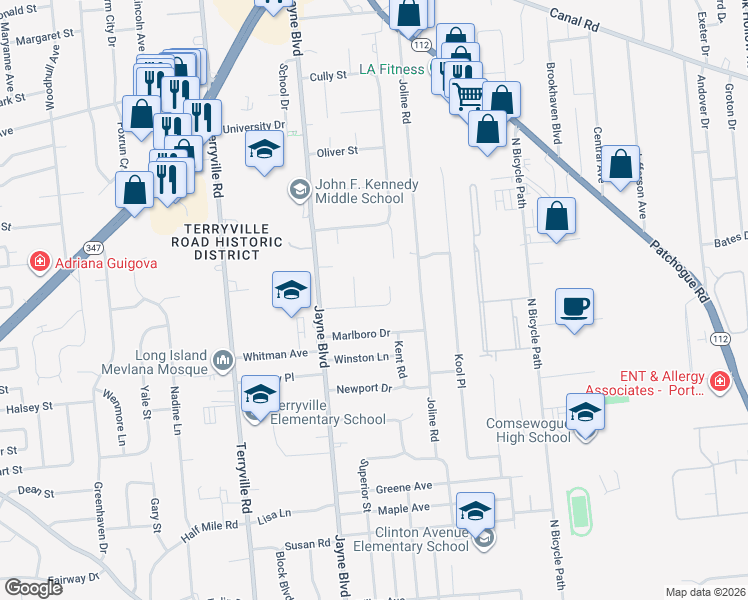 map of restaurants, bars, coffee shops, grocery stores, and more near 13 Marlboro Drive in Port Jefferson Station