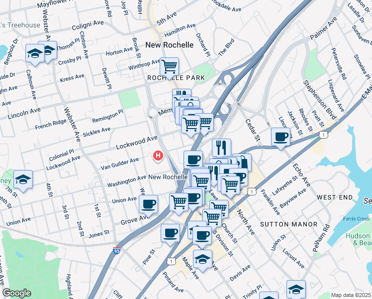 map of restaurants, bars, coffee shops, grocery stores, and more near 20 Burling Lane in New Rochelle
