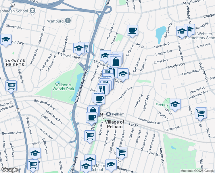 map of restaurants, bars, coffee shops, grocery stores, and more near 135 Fifth Avenue in Village of Pelham