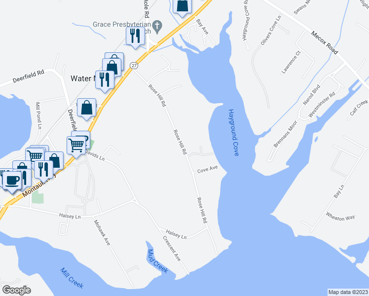 map of restaurants, bars, coffee shops, grocery stores, and more near 235 Rose Hill Road in Water Mill