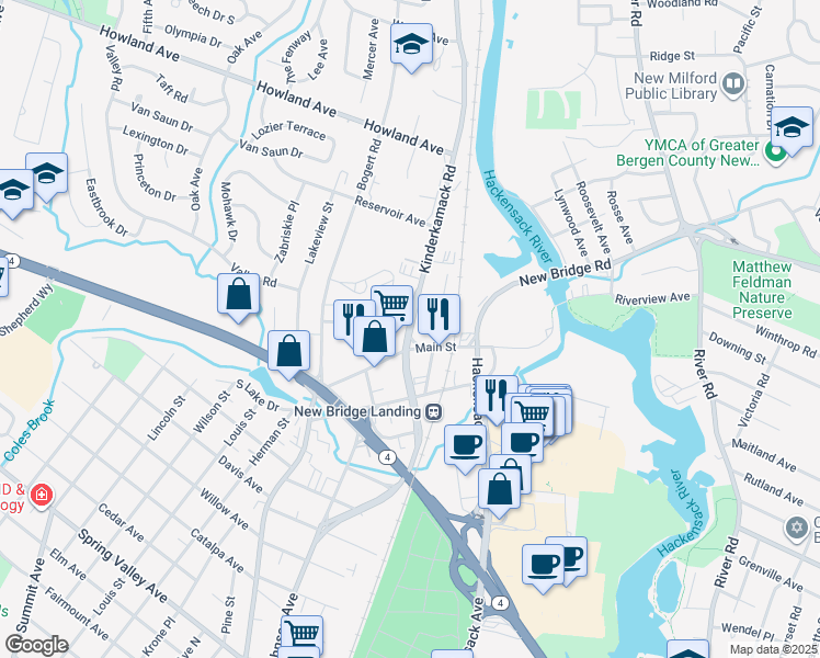 map of restaurants, bars, coffee shops, grocery stores, and more near 172 Kinderkamack Rd in River Edge