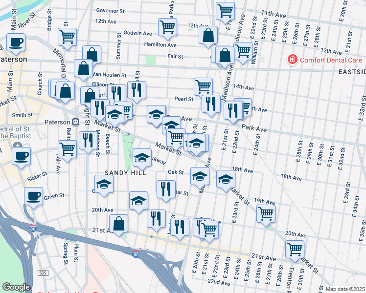 map of restaurants, bars, coffee shops, grocery stores, and more near 53 Pennington Street in Paterson