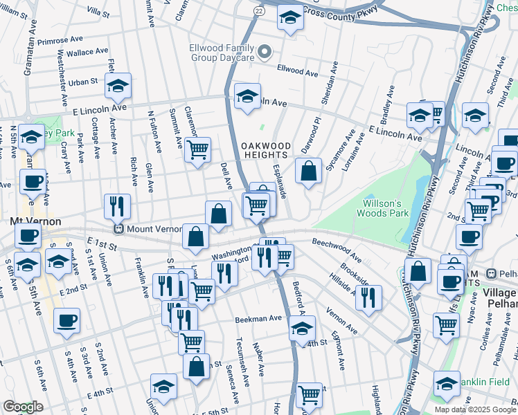 map of restaurants, bars, coffee shops, grocery stores, and more near 35 North Columbus Avenue in Mount Vernon