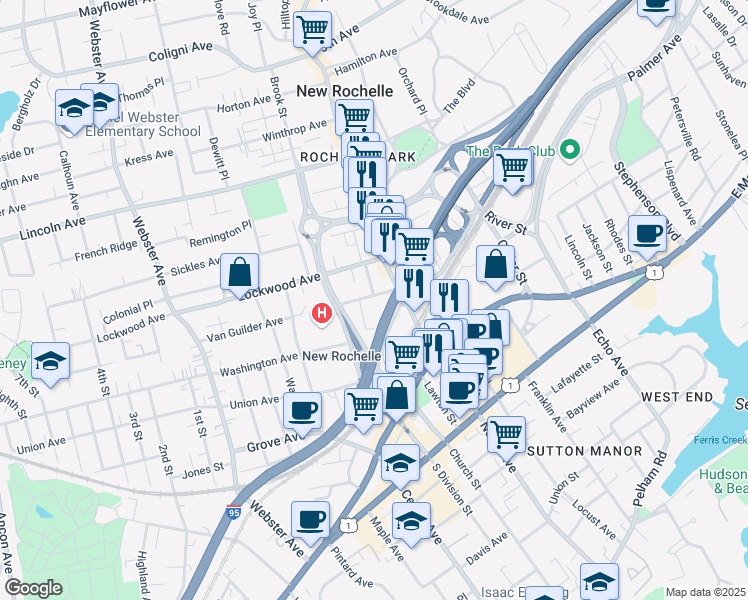 map of restaurants, bars, coffee shops, grocery stores, and more near 11 Burling Lane in New Rochelle