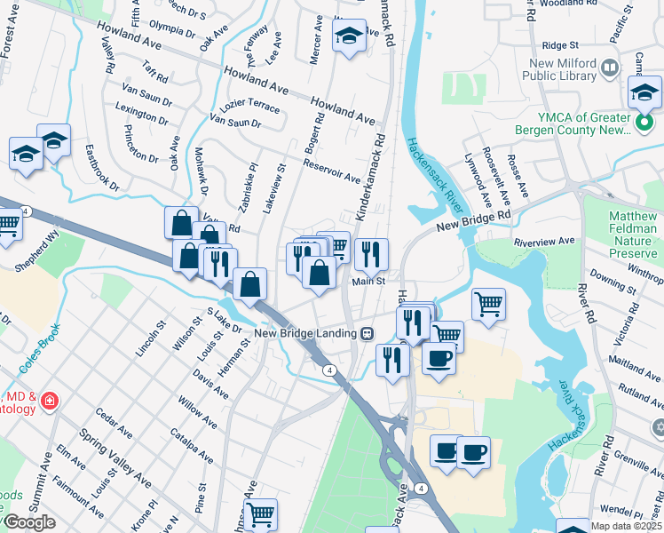 map of restaurants, bars, coffee shops, grocery stores, and more near 167 Oxford Terrace in River Edge