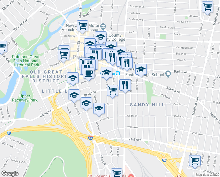 map of restaurants, bars, coffee shops, grocery stores, and more near 463 Grand Street in Paterson