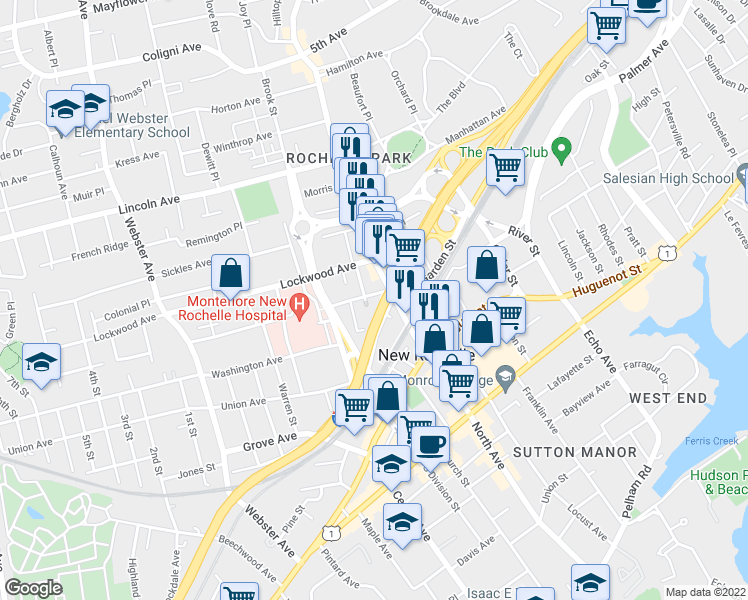 map of restaurants, bars, coffee shops, grocery stores, and more near 11 Burling Lane in New Rochelle