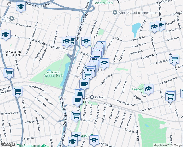 map of restaurants, bars, coffee shops, grocery stores, and more near 146 Fourth Avenue in Village of Pelham