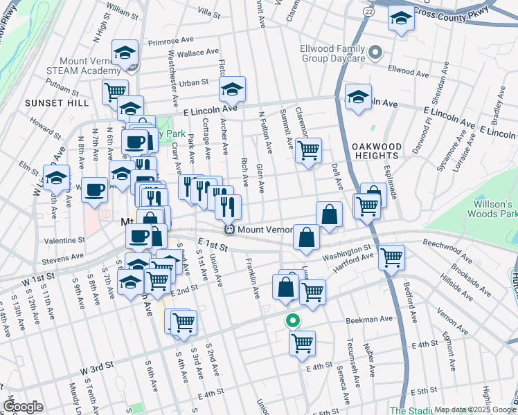 map of restaurants, bars, coffee shops, grocery stores, and more near 38 Glen Avenue in Mount Vernon