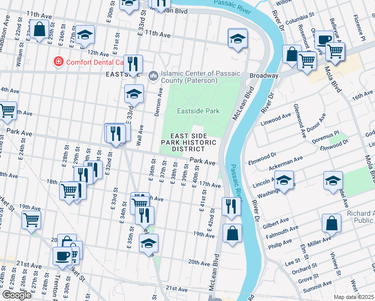 map of restaurants, bars, coffee shops, grocery stores, and more near 33 East Park Drive in Paterson