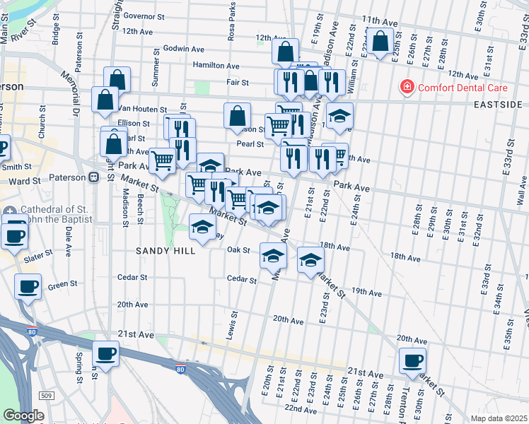 map of restaurants, bars, coffee shops, grocery stores, and more near 758 East 18th Street in Paterson
