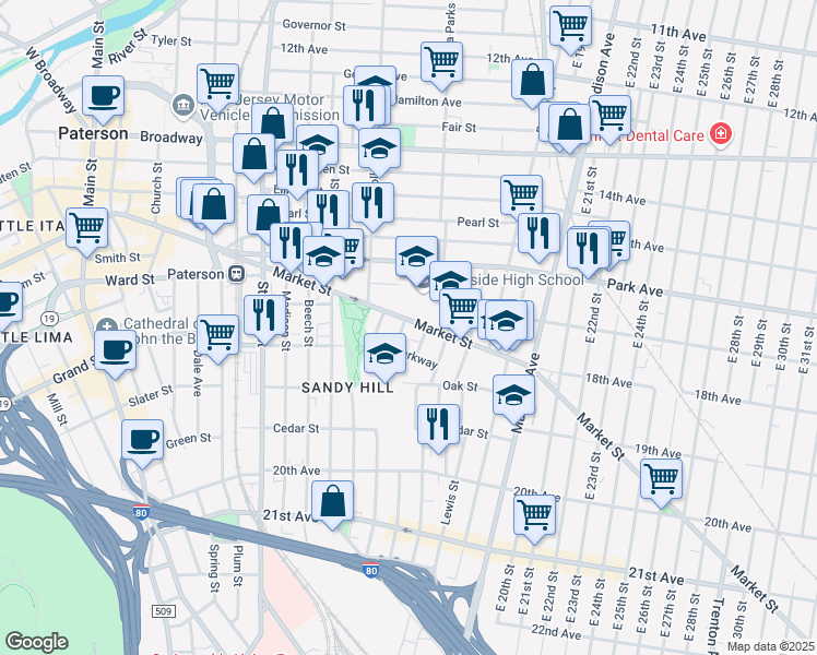map of restaurants, bars, coffee shops, grocery stores, and more near 150 Park Avenue in Paterson