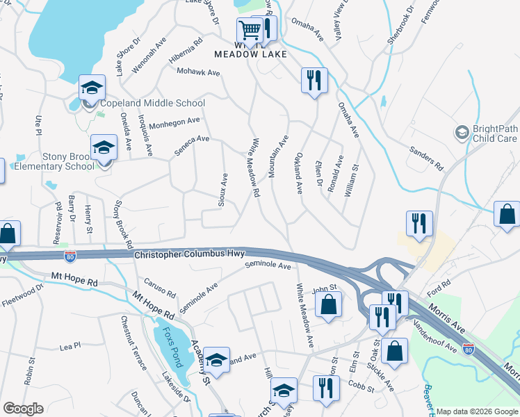 map of restaurants, bars, coffee shops, grocery stores, and more near 26 Navajo Way in Rockaway