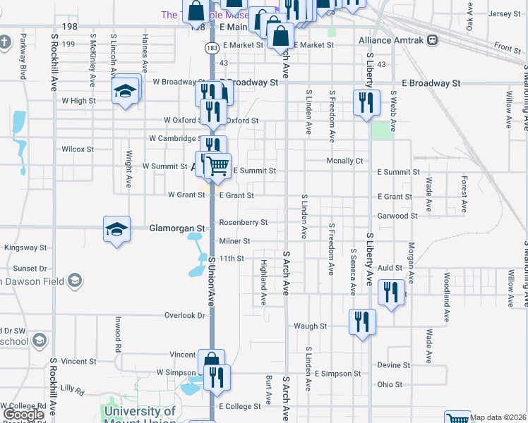 map of restaurants, bars, coffee shops, grocery stores, and more near 248 East Grant Street in Alliance