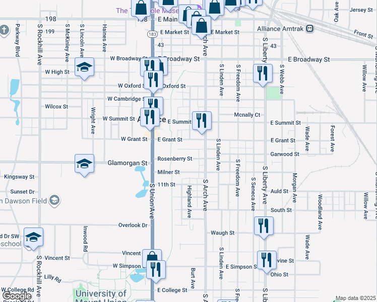 map of restaurants, bars, coffee shops, grocery stores, and more near 145 East Grant Street in Alliance
