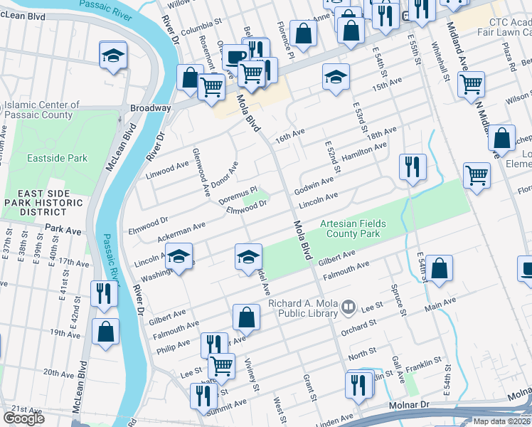 map of restaurants, bars, coffee shops, grocery stores, and more near 198 Elmwood Drive in Elmwood Park