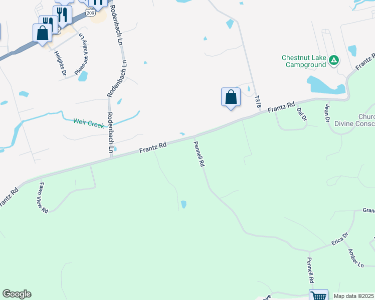 map of restaurants, bars, coffee shops, grocery stores, and more near 1425 Pennell Road in Brodheadsville