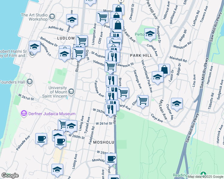 map of restaurants, bars, coffee shops, grocery stores, and more near 40 Leighton Avenue in Yonkers