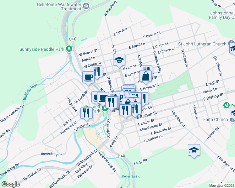 map of restaurants, bars, coffee shops, grocery stores, and more near 137 West Howard Street in Bellefonte
