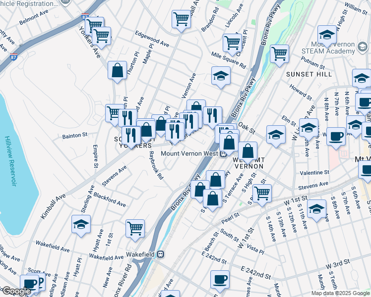 map of restaurants, bars, coffee shops, grocery stores, and more near 1137 Yonkers Avenue in Yonkers