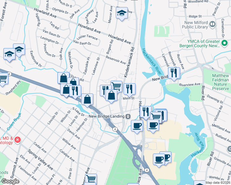 map of restaurants, bars, coffee shops, grocery stores, and more near 167 Oxford Terrace in River Edge