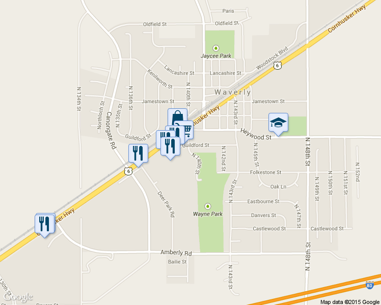 map of restaurants, bars, coffee shops, grocery stores, and more near 13940 Guildford Street in Waverly