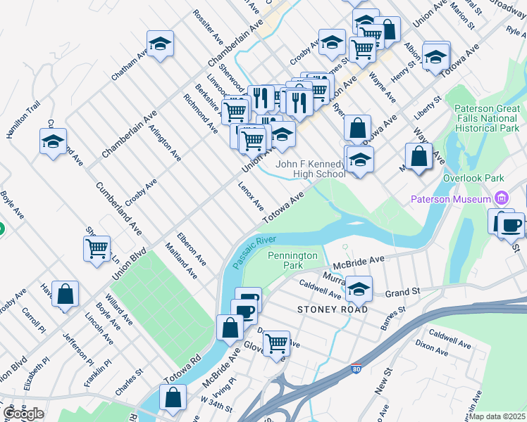map of restaurants, bars, coffee shops, grocery stores, and more near 17 Richmond Avenue in Paterson