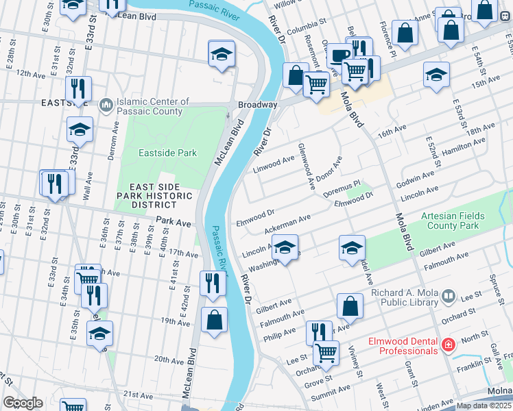 map of restaurants, bars, coffee shops, grocery stores, and more near 20 Greenwood Avenue in Elmwood Park
